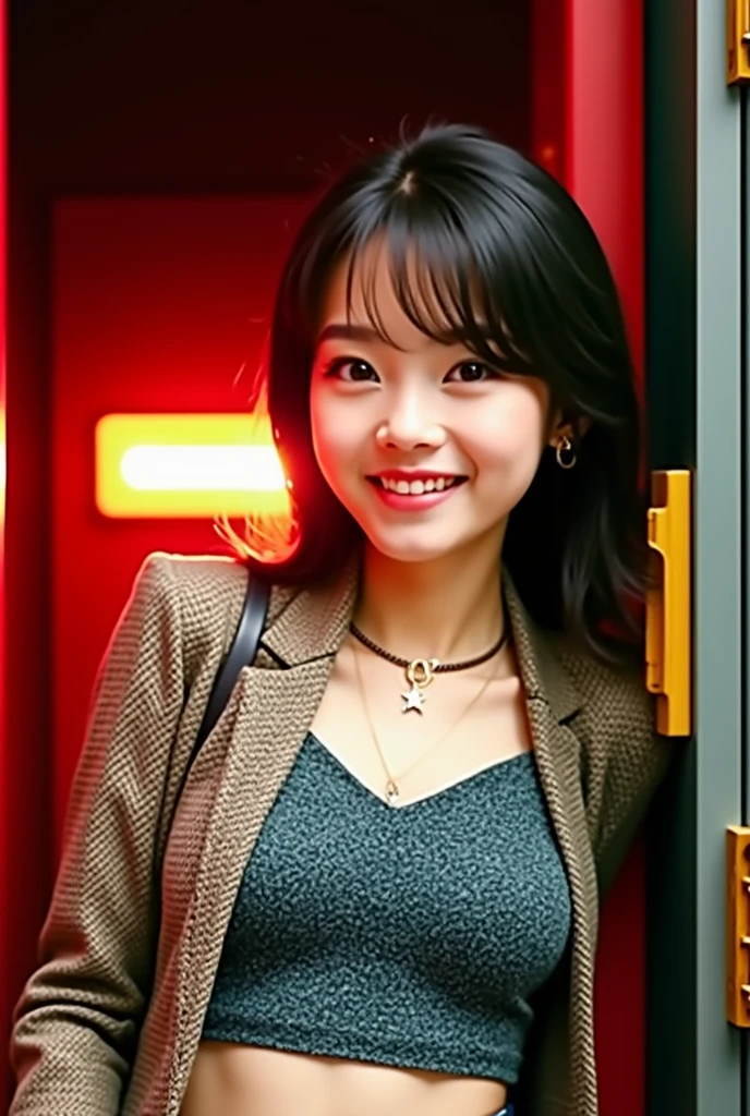 (Best Quality, 8K:1.1),(Slim Beauty:1.4),(C Cup:1.3,Beautiful:1.2),High School Student, Blazer,Dress Shirts,Black Tight Skirt,(Necklace:0.4),Handbag,Light Makeup,Round Nose,Super Thin Face,Drooping Eyes,Double Eyelids,(Bangs + Smile:1.2),Perfect Tooth Alignment.