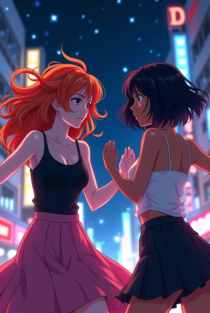 White-skinned woman with messy orange hair dancing to a dark-skinned woman with short, straight black hair in an anime style