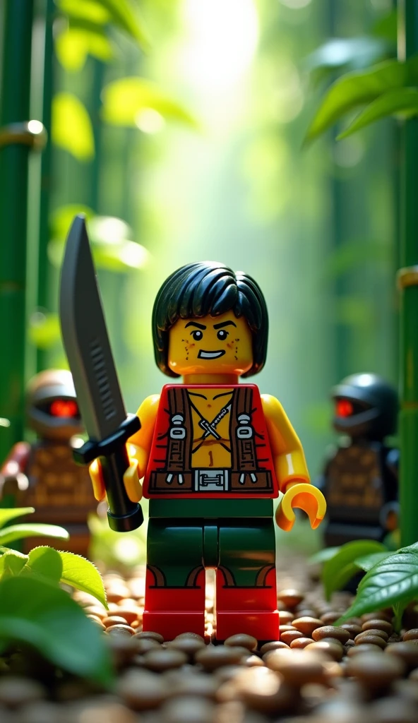 LEGO world, Bamboo forest from LEGO,  LEGO Rambo with big knife holding on Bamboo forest, LEGO figures of enemies looking for him
