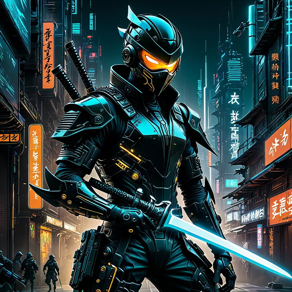 Black cyber gear, ninja sword, shuriken, bionic arm, cyber implants, featuring advanced ninja tools and mechanical body modifications, Cyberpunk-style cities or digital spaces like cyberspace, Constantly vigilant, showing a high sense of alertness towards enemies. Blending into the darkness of the night, ambushing enemies, and moving swiftly at high speeds, Cool and action-packed cyberpunk, Depicts a fusion of high-tech ninja actions and advanced technology within the glowing neon-lit ambiance. With letter 0