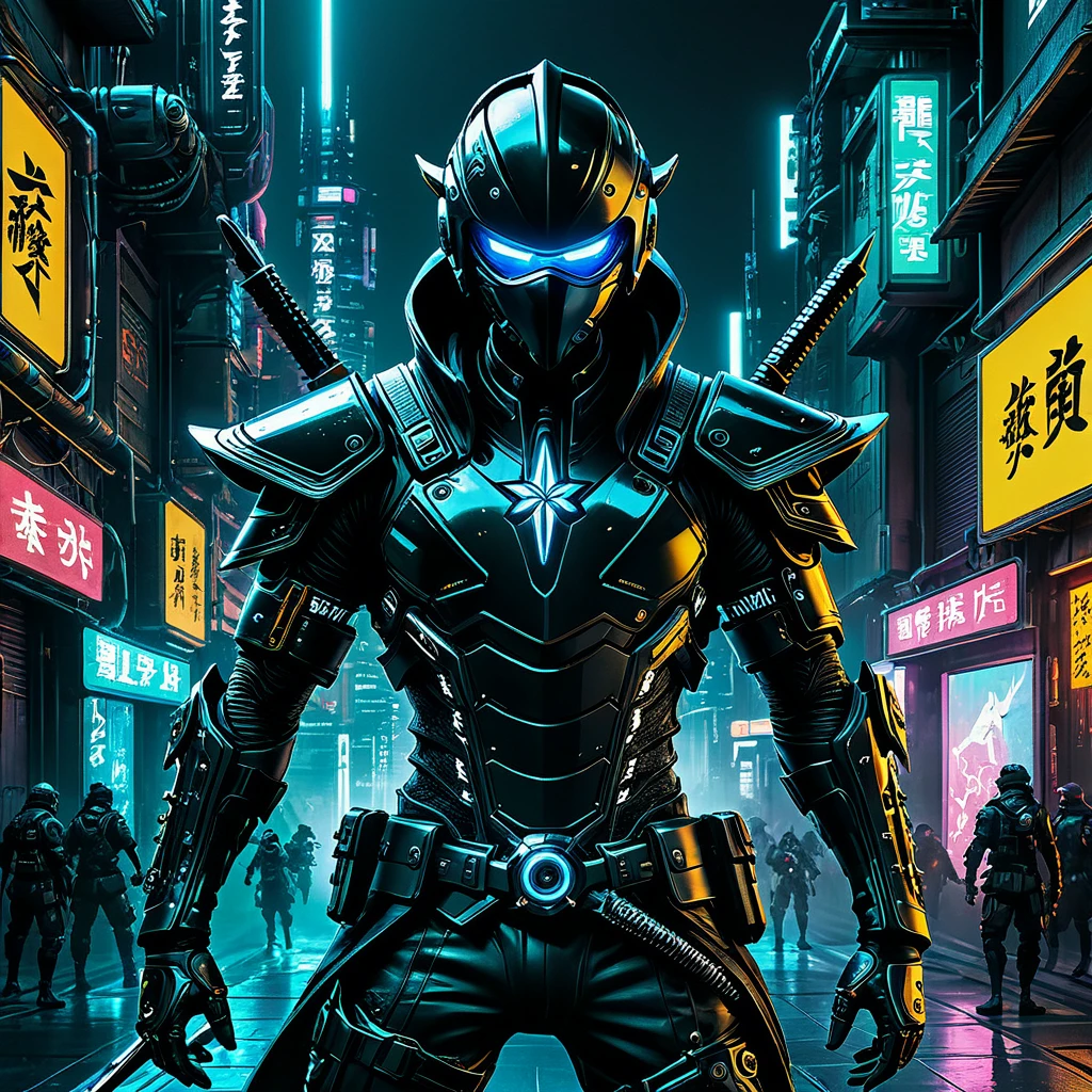 Black cyber gear, ninja sword, shuriken, bionic arm, cyber implants, featuring advanced ninja tools and mechanical body modifications, Cyberpunk-style cities or digital spaces like cyberspace, Constantly vigilant, showing a high sense of alertness towards enemies. Blending into the darkness of the night, ambushing enemies, and moving swiftly at high speeds, Cool and action-packed cyberpunk, Depicts a fusion of high-tech ninja actions and advanced technology within the glowing neon-lit ambiance. With letter 0