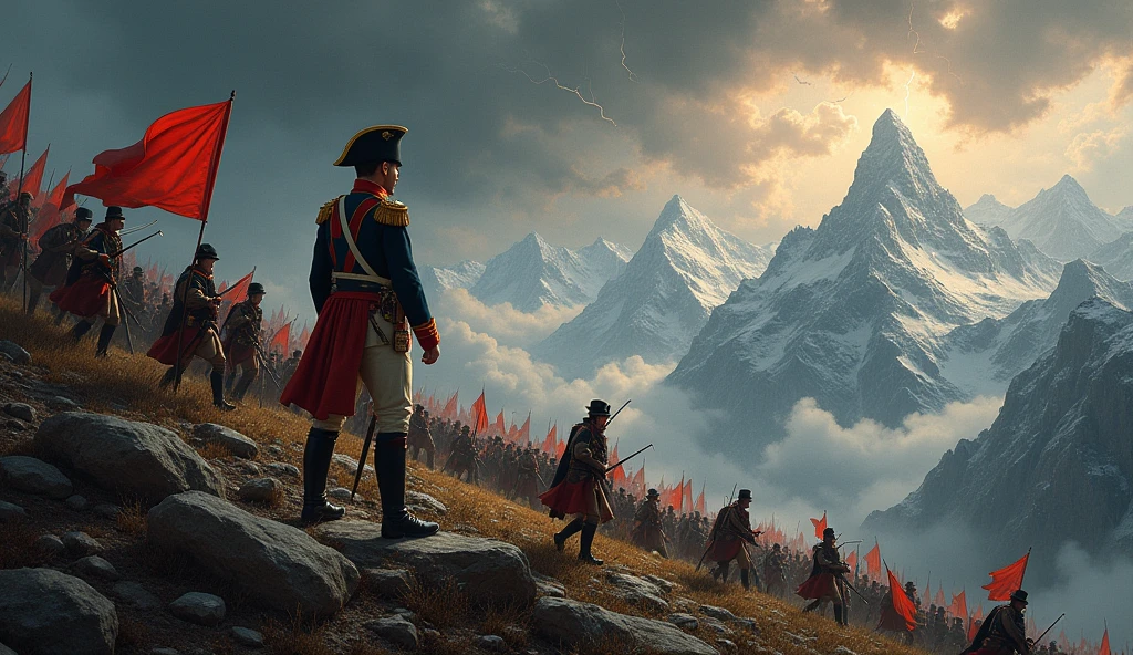 "A dramatic battle scene in the Italian Alps, where Napoleon leads his troops through rugged terrain, with soldiers struggling but following his lead."