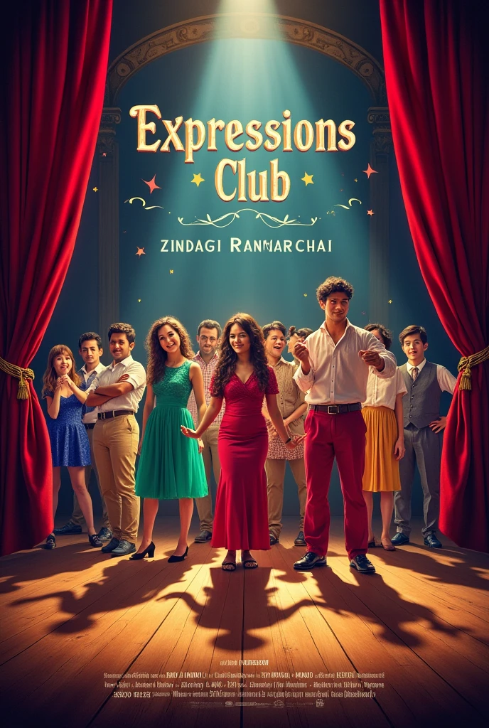 Make a poster on the theatre drama club named written as "Expressions club" with tag line written"zindagi rangmanch hai" with stage performance.