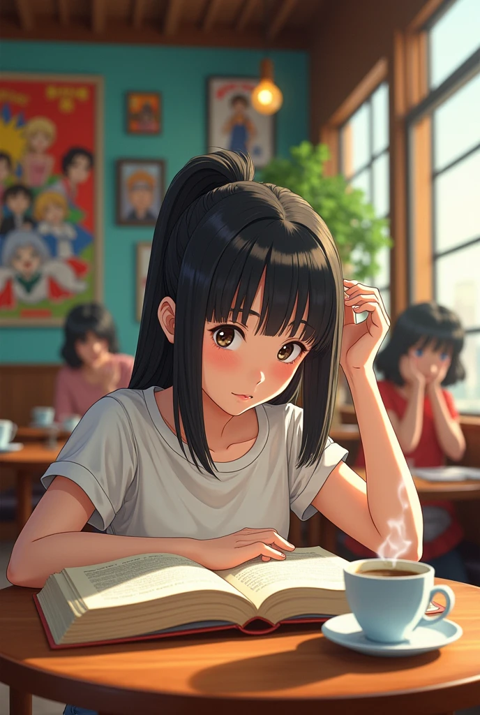 1 girl,tie a ponytail、Reading、80s anime style, coffee店,I'm studying、People in the background、 coffee, retro, Low Fidelity