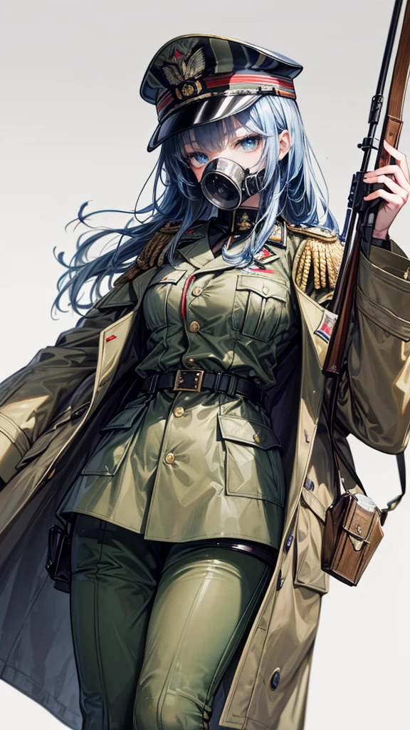 ((True best masterpiece, Ultimately perfect quality, Extremely delicate details)), ((Modern army, World War I, Great War, Old, Antique)), A soldier girl, Wearing military uniform, Wearing trench coat, Wearing military cap, With gas mask