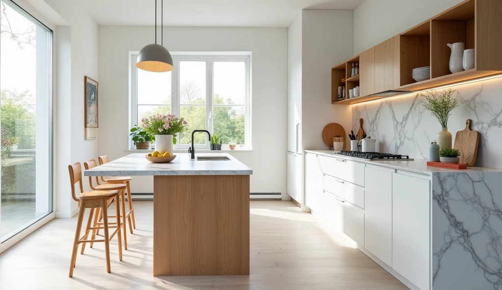 Editorial Style Photo, Eye Level, Scandinavian, Kitchen, Island, Marble and Wood, Appliances and Accessories, White with pops of pastels, IKEA, Natural Light, Stockholm, Midday, Fresh, Contemporary