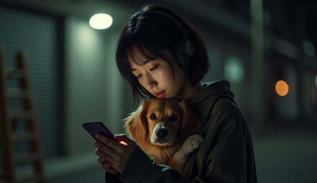 Attractive woman, folding cell phone., Japanese women, short hair,moody night,Shoulder Off,He's wearing a set,Wear headphones,Late Night,hugging dog,old hip-hop style,