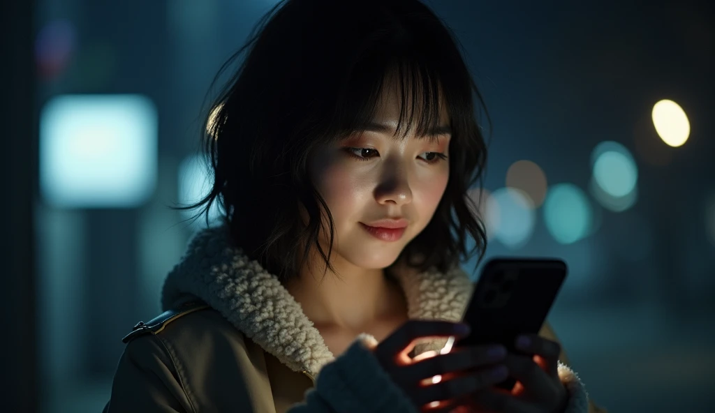 Attractive woman, folding cell phone., Japanese women, short hair,moody night,Shoulder Off,He's wearing a set,Wear headphones,Late Night,hugging dog,old hip-hop style,