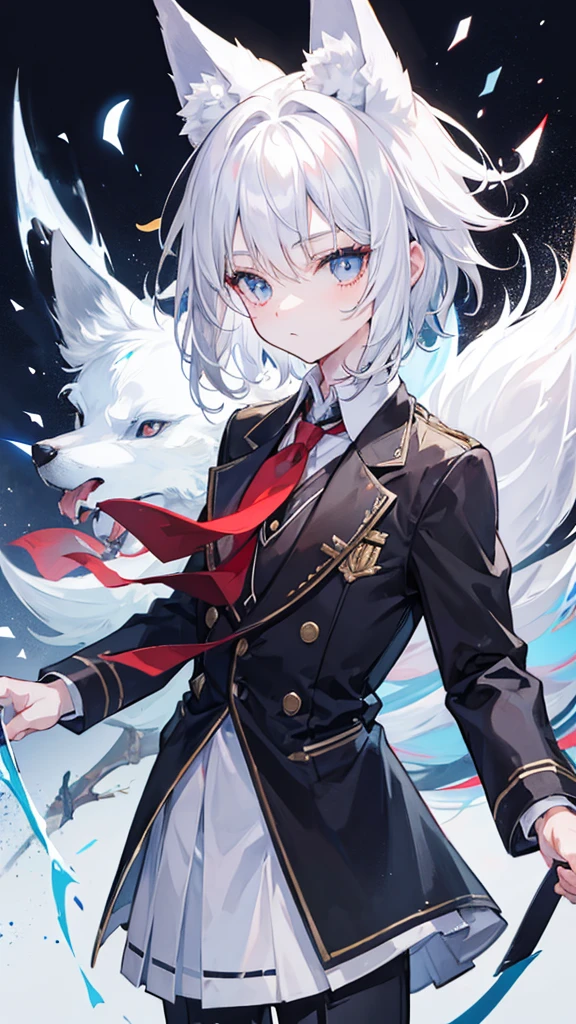 1boy, white hair, fox ear, wolf cut, medium hair, boy school uniform, looking at viewer