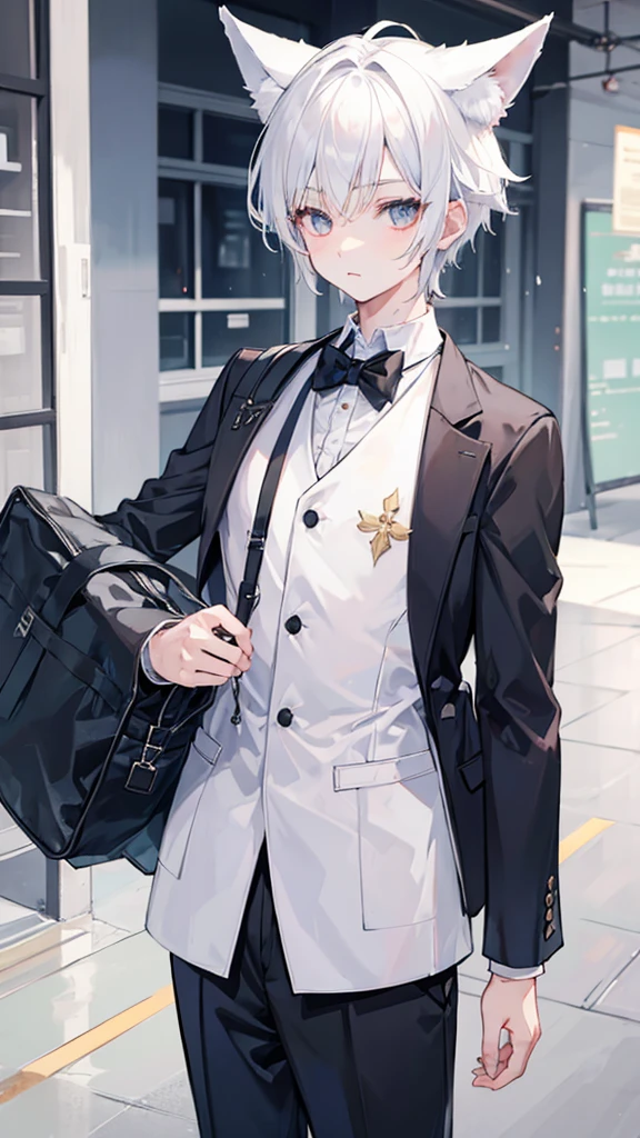 1boy, white hair, fox ear, wolf cut, medium hair, boy school uniform, looking at viewer