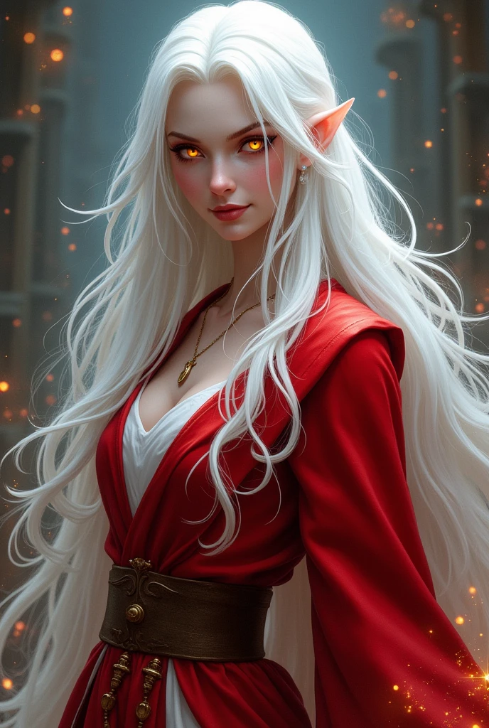 dnd, dungeons and dragons, high half elf, sorcerer, wild magic, portrait, solo, single person, pale white skin, long white hair, glowing golden eyes, beautiful, female, smirking, flowing red robes, casting a magical spell, ((masterpiece, best quality)), artwork trending on artstation