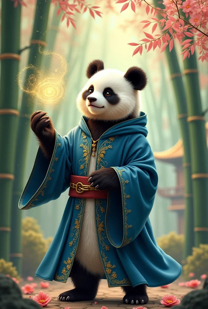 An old wise panda,Wearing a blue wizard robe,The robe has a hood,One eye is closed.,Release magical energy,Cute realistic style,Chinese style in the background