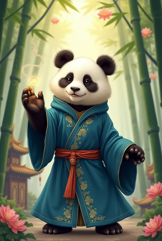 An old wise panda,Wearing a blue wizard robe,The robe has a hood,One eye is closed.,Release magical energy,Cute realistic style,Chinese style in the background