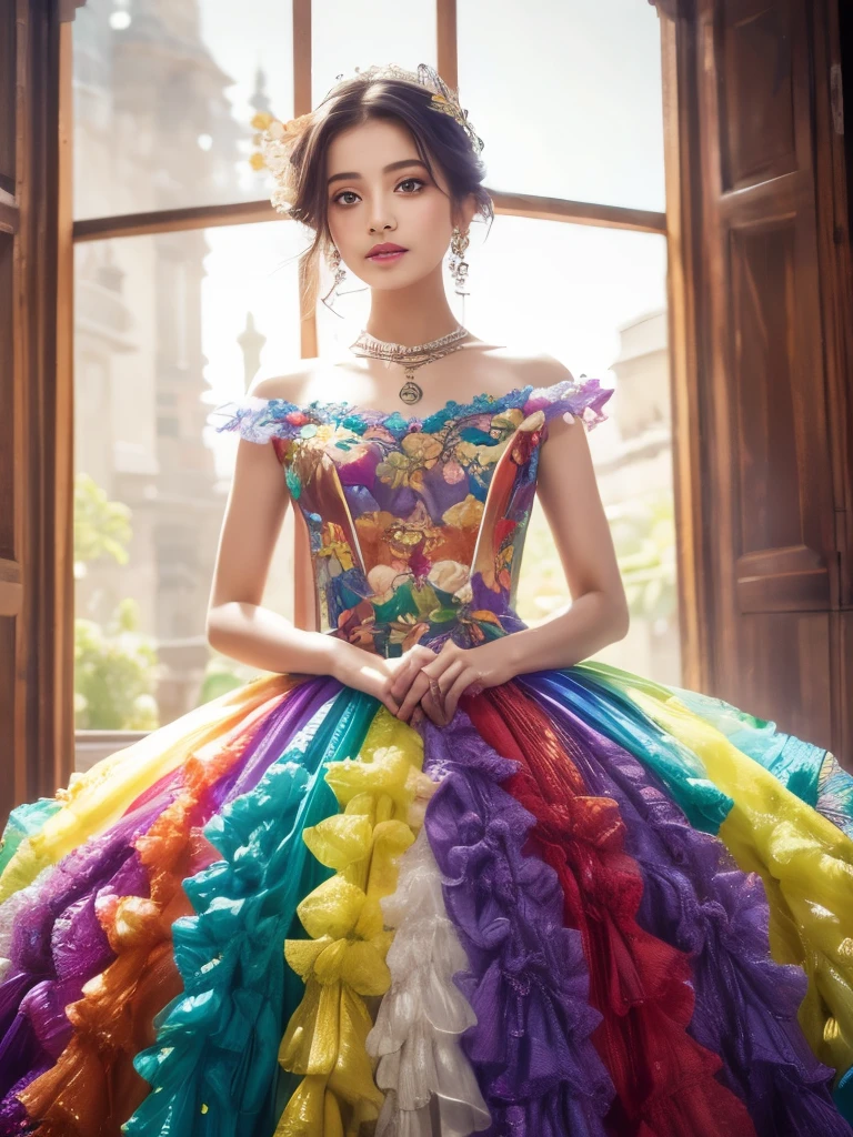 masterpiece, Highest quality,One person,Gosgarh,Frill dress 8k,High resolution, ( flower_Styler:1.2)(Rainbow Candy:1.2)