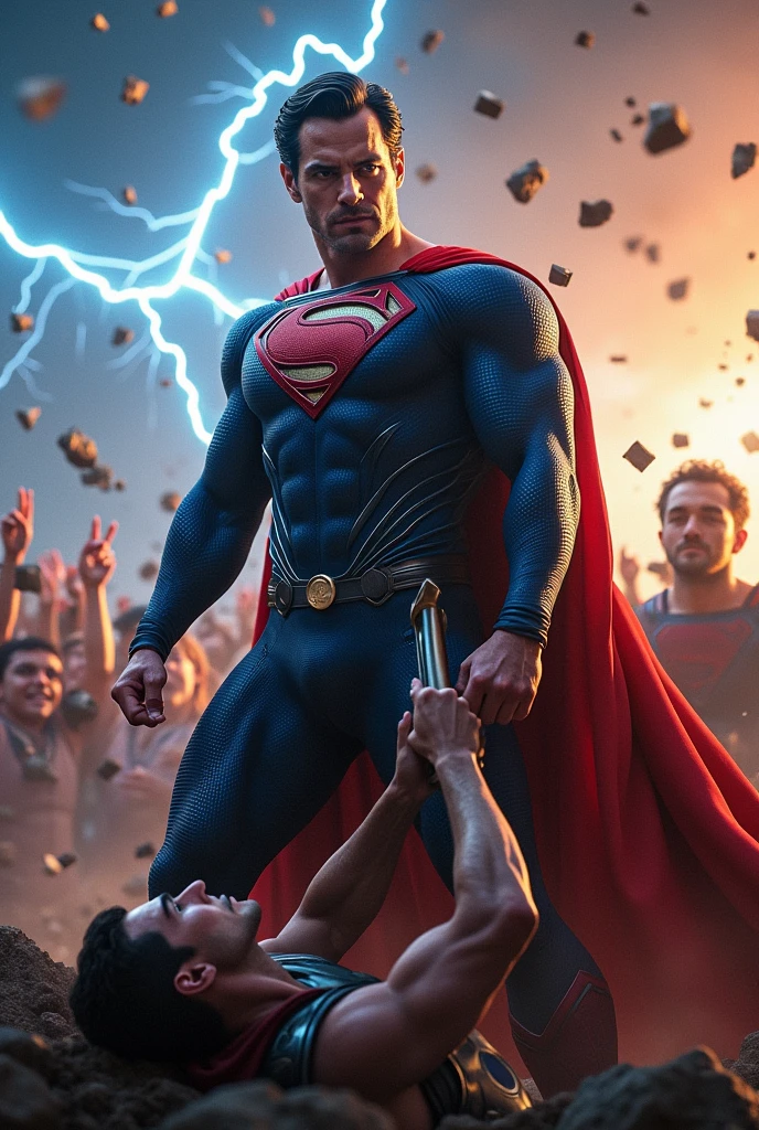 Superman and Thor fighting. Superman hold Thor thunderous hammer and grip thors neck. People are hailing from behind