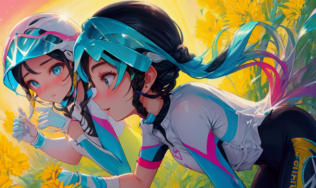 Cycling woman cute refreshing Moderate bust A background like a rainbow a clear gradation