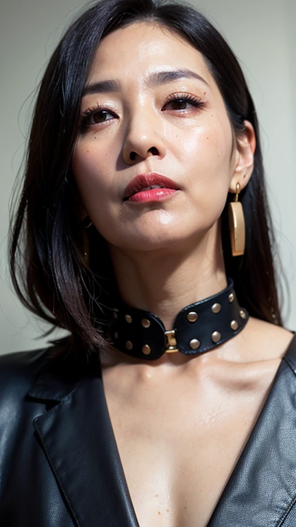 Ultra-Realistic Capture,High Resolution,Masterpiece,PHOTORealistic,Realistic,4k,Drool-drooling elderly Japanese business woman,63 years old,straight black hair with grizzled hair,earrings,rough skin,wrinkles around eyes,nasolabial folds,red lipstick,light smile,studded leather collar,deluxe,formal,rich bracelet shiny dark blue ladies suit,male point of view,gazing into camera,