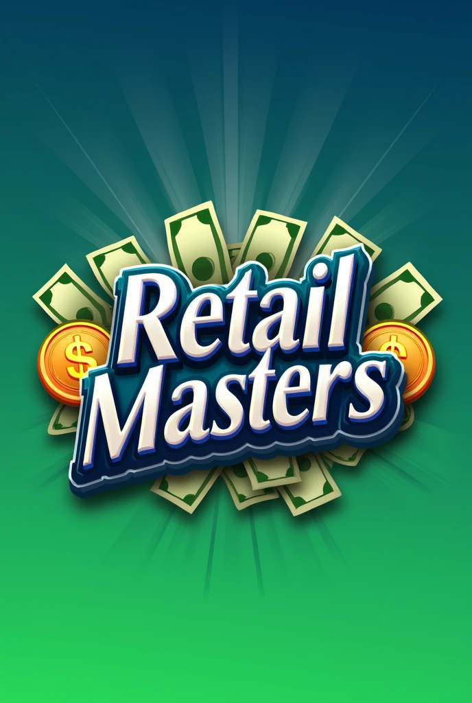 Create a logo that has the words 'Retail Masters' in 3D and has money on the sides.