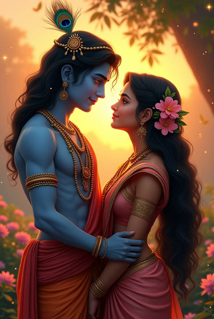 Lord Krishna, with his radiant blue skin, charming smile, and peacock feather crown, and straight dark hair, gazes lovingly into the eyes of Radha and Radha looking somewhere, a beautiful maiden with a radiant complexion, adorned in a traditional Indian sari, flowers, and jewelry, her long, luscious wavy hair flowing down her back, as they share a tender moment of love and devotion. Keep his hands on her hair