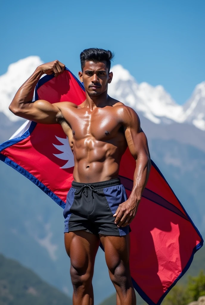 A nepali 18 years body builder boy holding nepal flag
