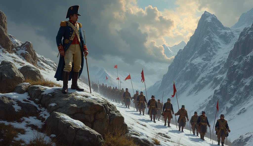 "A dramatic battle scene in the Italian Alps, where Napoleon leads his troops through rugged terrain, with soldiers struggling but following his lead."