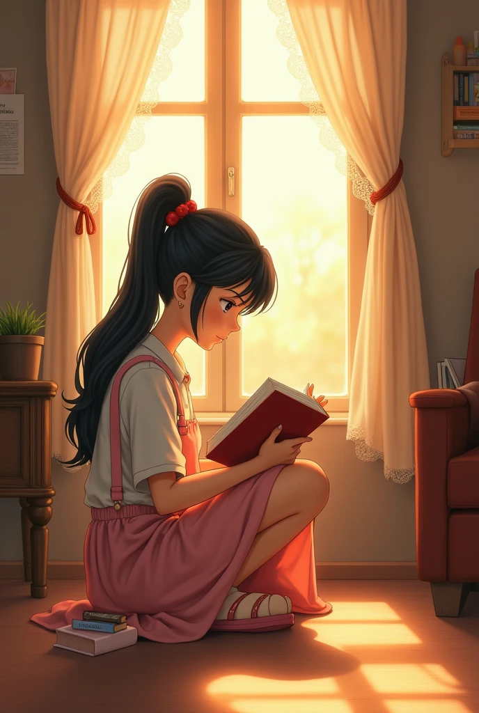 1 girl、black hair、tie a ponytail、Reading、80s anime style, retro, Low Fidelity、By the window