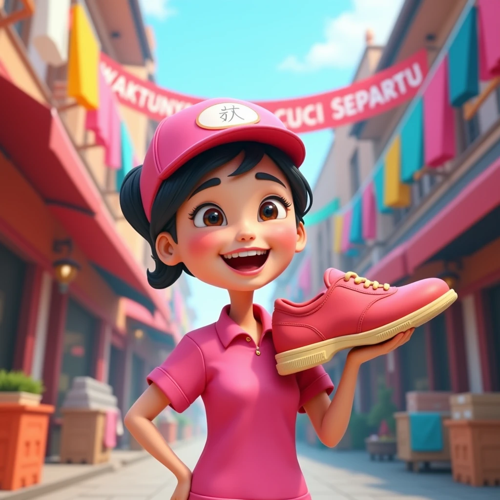 3D cartoon, HD, a Chinese woman as a laundry courier, wearing a pink shirt, carrying a SHOE, the title says "WAKTUNYA CUCI SEPATU"