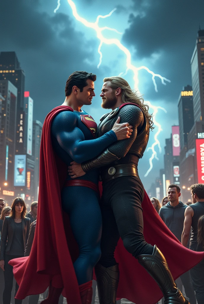 Superman and Thor fighting. Superman hold Thor thunderous hammer and grip thors neck. People are hailing from behind