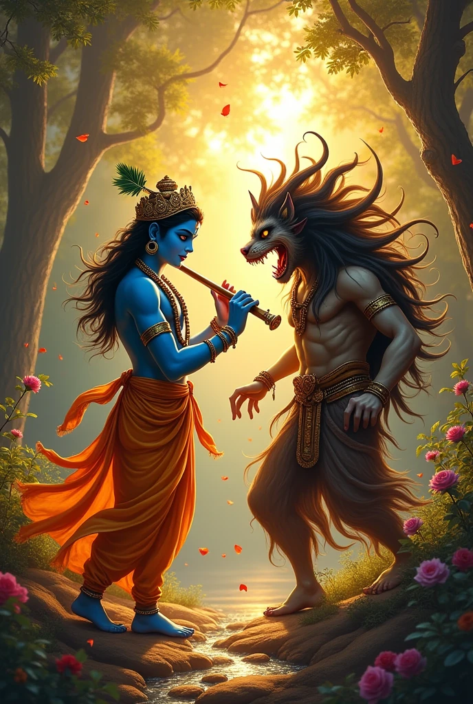 krishna ji bansuri bajate hue aur radha rani unhe niharte hue lotus udte hue airplane hiran ugta hua suraj barish bheti hui nadi