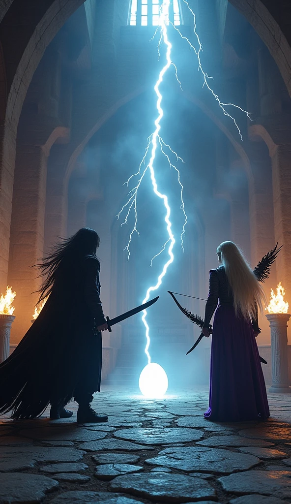 In the fortress's grand, dimly lit room, Vortex and Raven engage in a final battle with the Witch. The stolen dragon egg is displayed prominently in the center. Vortex, with long black hair and a black coat, is brandishing his black sword, preparing to land a decisive blow with "Shadow Eclipse" and "Meteor Shower Barrage". His white shirt contrasts with his black coat, emphasizing his readiness for battle. Raven, an elven archer with silver hair and deep purple leather armor (Male:2), draws his black bow and is ready to support Vortex. Together they launch a coordinated attack, with Vortex's black sword slicing through the air and Raven's arrows creating a storm of lightning or fire depending on the attack he chooses. Caught in their powerful onslaught, the Witch is defeated by the heroes' combined forces, culminating in a dramatic and intense final battle.