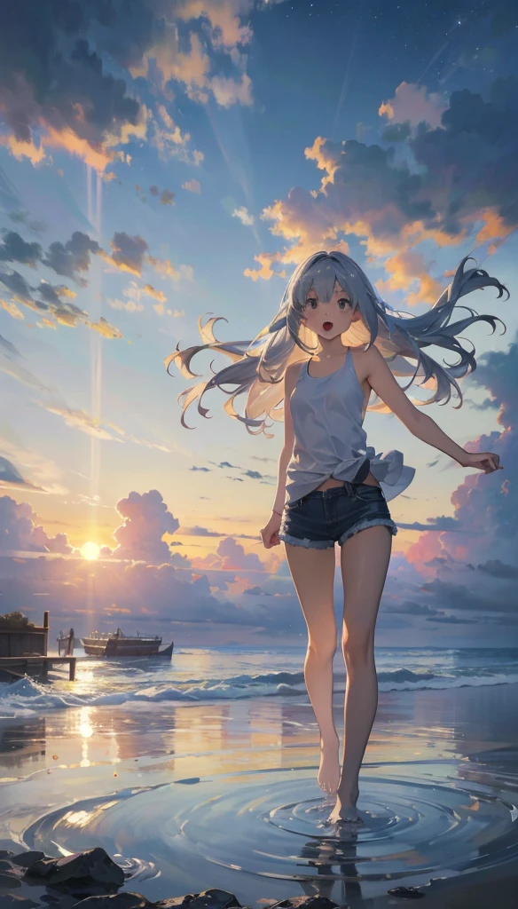 cloud，roller，Sunset sun，daughter，Long white hair，enjoy，Open your mouth，lol，Dynamic Hair，masterpiece，high quality，Written boundary depth，Storytelling Images，
One person　whole body　beautiful girl　Tank top　Denim shorts

(RAW Photos:1.2)、(masterpiece:1.3)、(最high quality:1.4)、、(Night view:1.2)、cute、Step into the sea、Standing on tiptoes、landscape、Between the horizon and the sea、Ripples spreading from the toes、Standing about 20 meters away、On the Sea、The whole scene is shining&#39;S、illumination