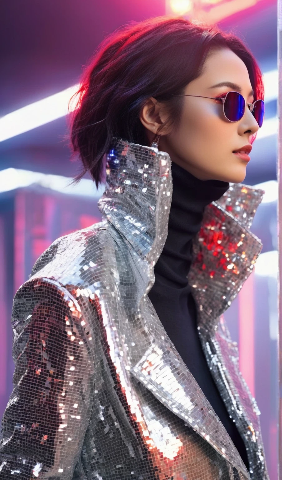 masterpiece, top, Very realistic, Very detailed, original photo, Very realistic , A shimmering silver sequin jacket,Paired with a black turtleneck. The woman is wearing futuristic sunglasses., Half of her body is facing the audience,look up,the background is a reflective surface decorated with red lights, Give her a cyberpunk aesthetic. Close-up photos,Fashion,Supermodel