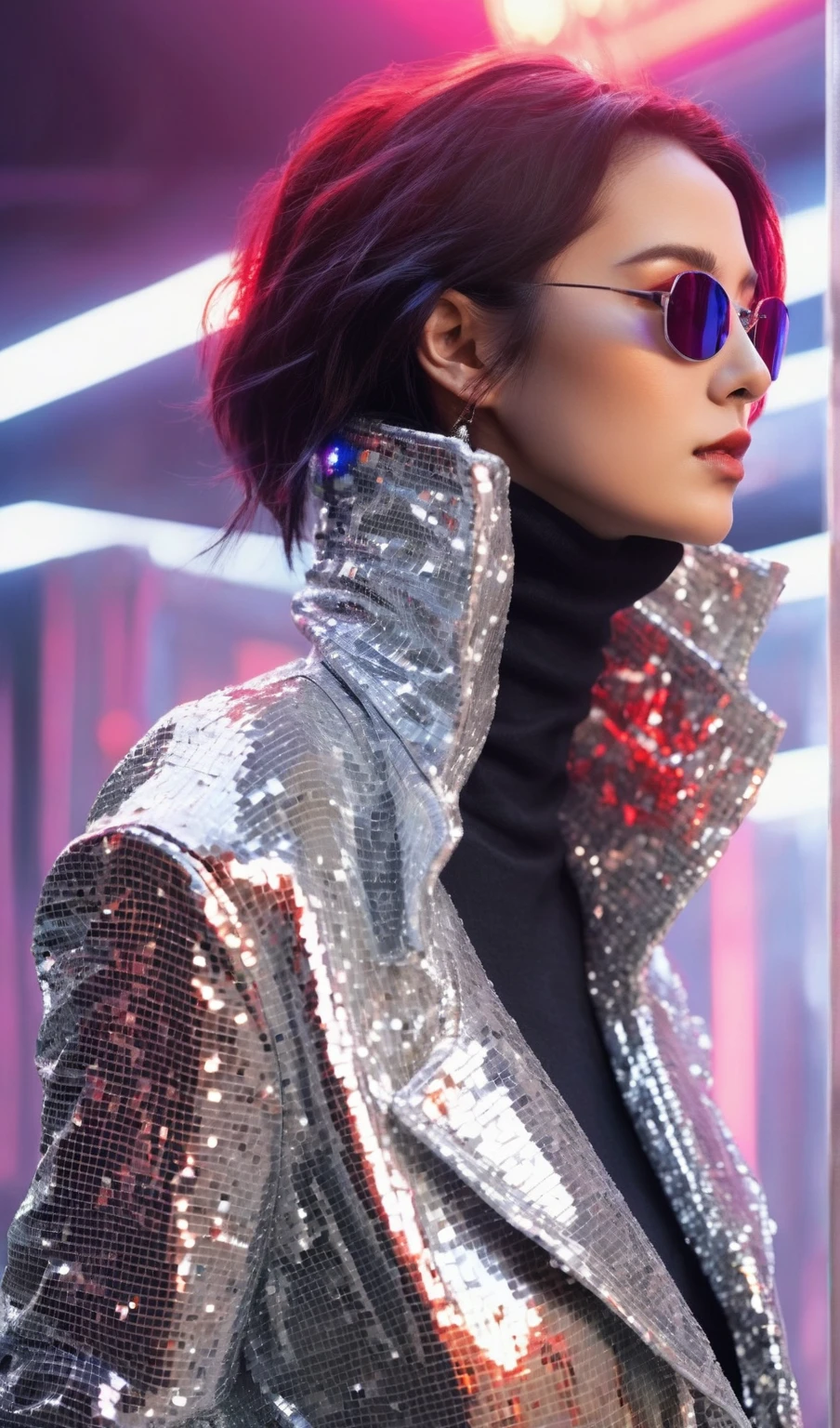 masterpiece, top, Very realistic, Very detailed, original photo, Very realistic , A shimmering silver sequin jacket，Paired with a black turtleneck. The woman is wearing futuristic sunglasses., Half of her body is facing the audience，look up，the background is a reflective surface decorated with red lights, Give her a cyberpunk aesthetic. Close-up photos，Fashion，Supermodel