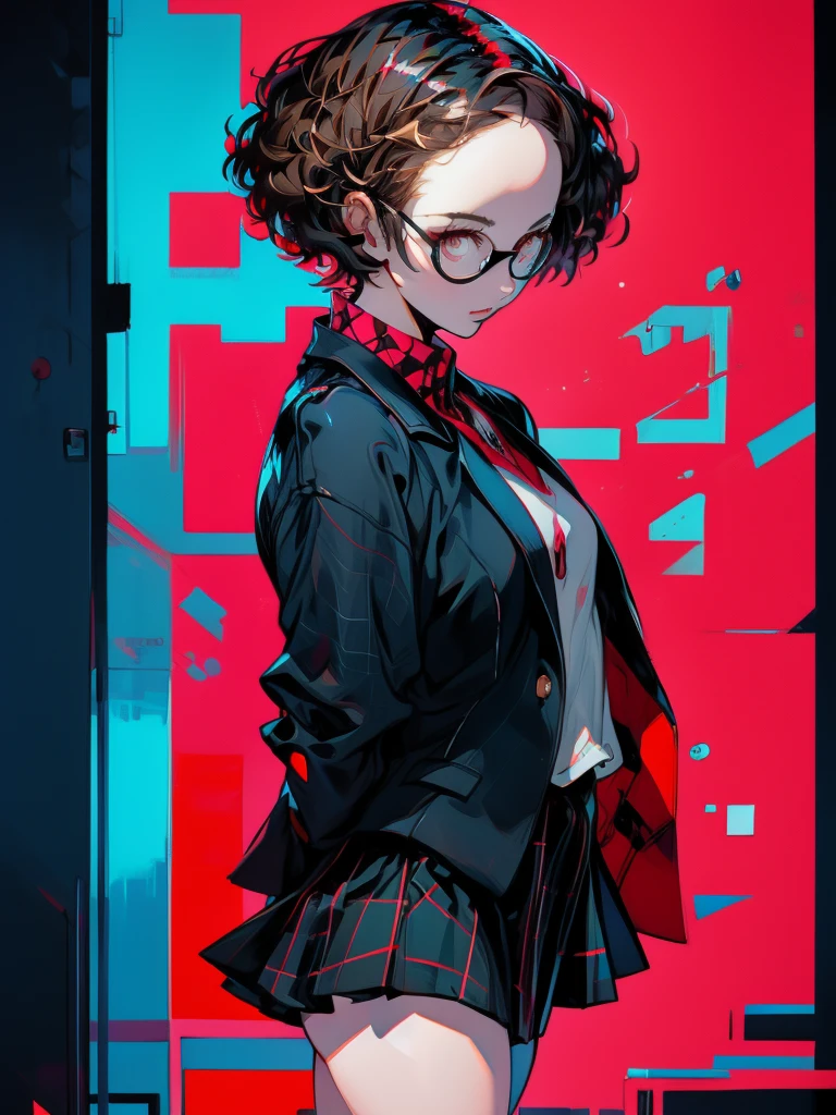 in the art style of persona5, (masterpiece:1.2, highest quality), (Realistic, photoRealistic:1.4), Beautiful illustrations, (Natural Side Lighting, Cinema Lighting), Written boundary depth, Beautiful thighs staring at the viewer, 1 female, 30-year-old, alone, thin, slender, (small breasts), short Hair, curly Hair, Forehead, Forehead, Forehead, Forehead, thin, slender, glasses, White blouse with formal collar, Blue Blazer, Red Check Skirt, Red checkered ribbon on blouse, Are standing, (((glasses))), ((Close-up)), ((Close-up)), ((Close-up))