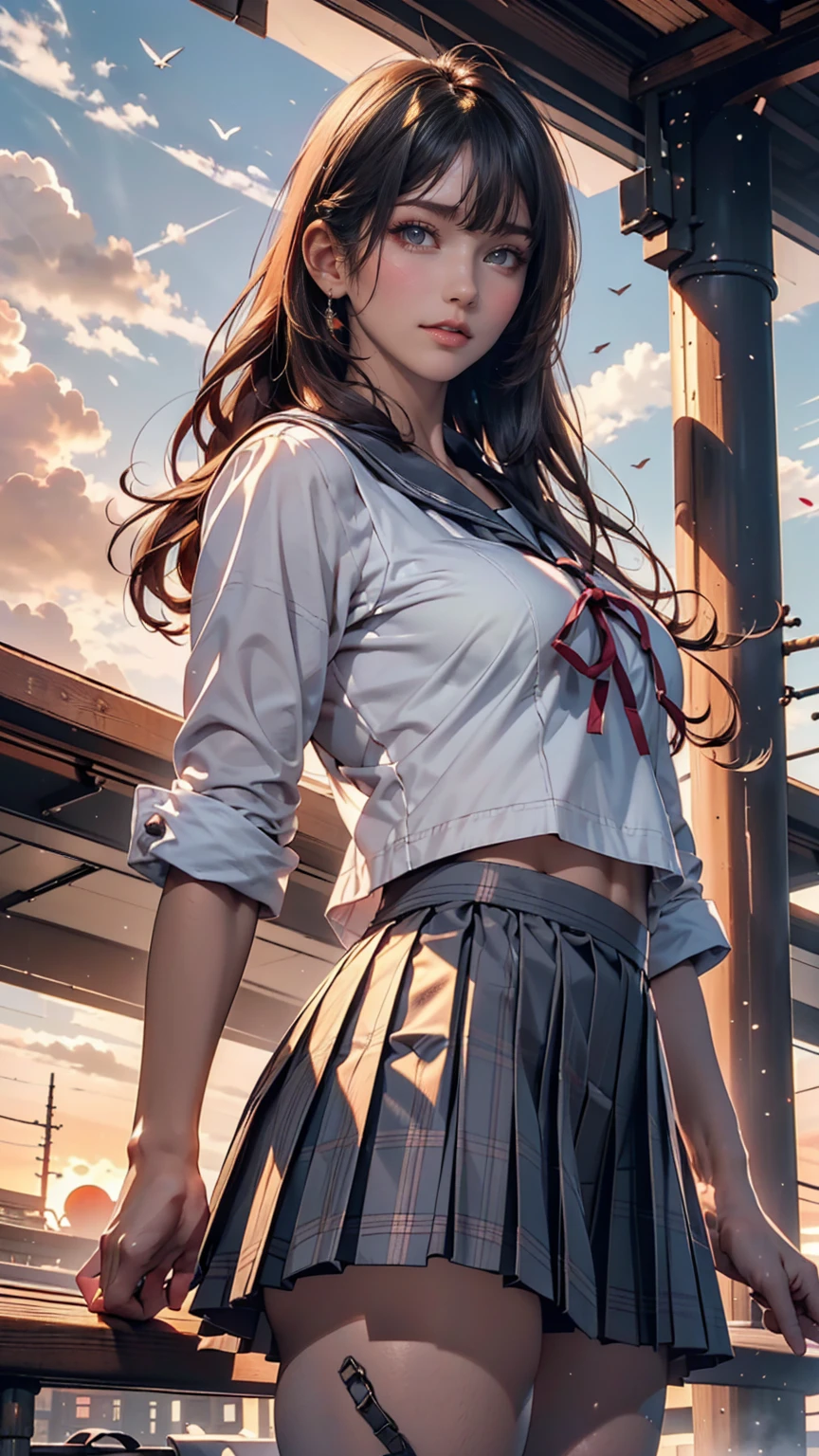 (8k, RAW Photos, Highest quality, masterpiece:1.2)、(Genuine、Realistic:1.37)、1 person、Japanese、Black Hair、Long Hair、(From below:1.4), (a 18years old pretty Japanese girl standing on rooftop of the building、school uniform)、((View your audience))、(White Sailor Suit High 、Ribbon on chest、mini skirt、Pink and gray checked pleated skirt、White panties)、(White panties can be seen from the pleated skirt)、((Sunset sky、cloud))