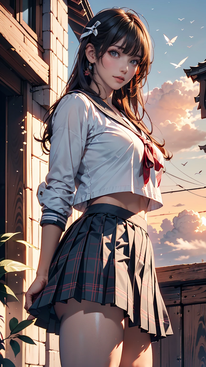 (8k, RAW Photos, Highest quality, masterpiece:1.2)、(Genuine、Realistic:1.37)、1 person、Japanese、Black Hair、Long Hair、(From below:1.4), (a 18years old pretty Japanese girl standing on rooftop of the building、school uniform)、((View your audience))、(White Sailor Suit High 、Ribbon on chest、mini skirt、Pink and gray checked pleated skirt、White panties)、(White panties can be seen from the pleated skirt)、((Sunset sky、cloud))