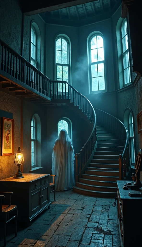 The interior of the lighthouse at night, with shadows flickering on the walls and ghostly apparitions moving silently through the rooms