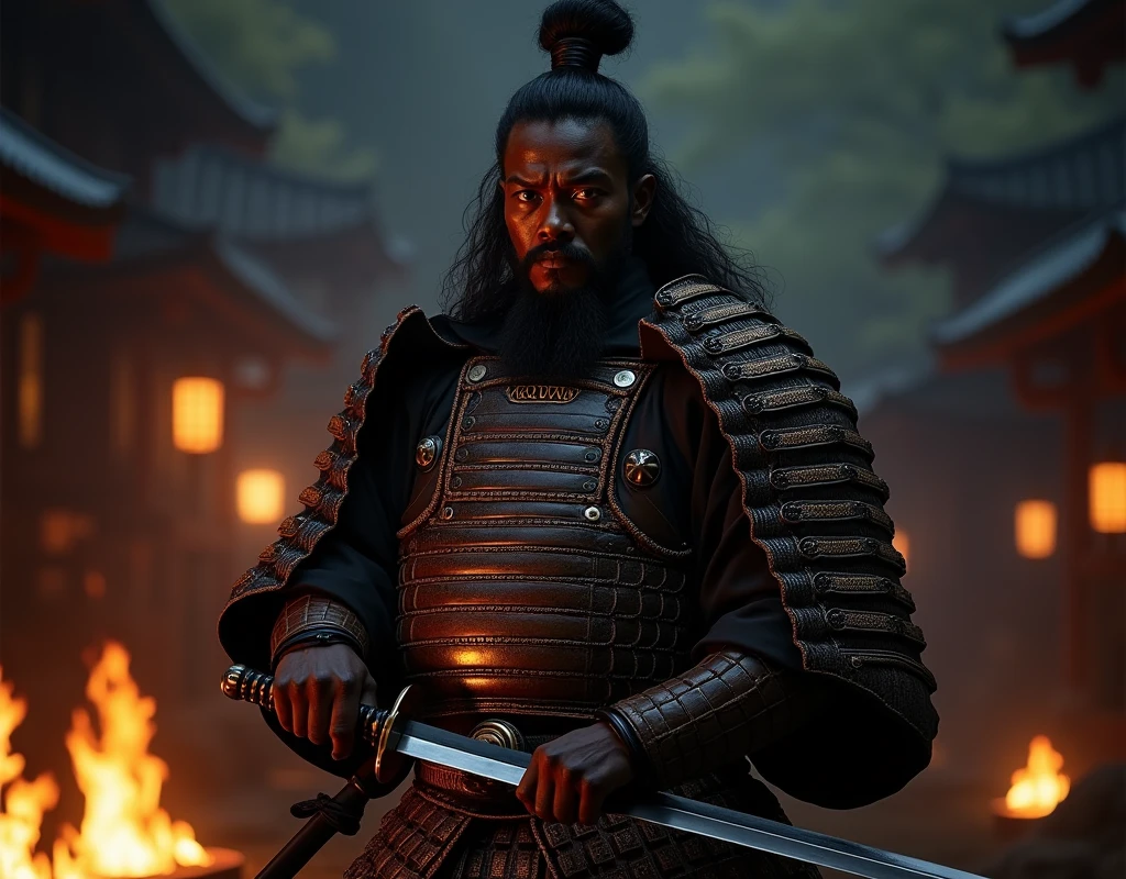 Azuchi-Momoyama period、Yasuke became a vassal of Oda Nobunaga、A tall black man、It is believed to have been given to them by Portuguese missionaries.、During the Honnoji Incident、He was entrusted with Nobunaga's head.、After that, I don't know where to go、1 black man, wearing traditional armor and helmet, holding a katana sword. The samurai stands in a battle-ready pose, with a determined expression、night ((Anatomically correct,Surrealism, uhd, retina, accurate, anatomically correct, textured skin, super detail, high details, best quality, 8k))