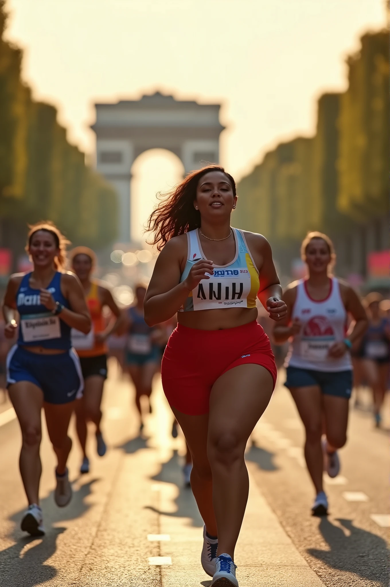 drone photography,professional camera angle,Olympic athlete,fat females Olympic marathon race,with a large breasts, big breasts!, thicc,alluring plus sized model, fat voluptuous body,fat women marathon race on Champs Elysées paris city