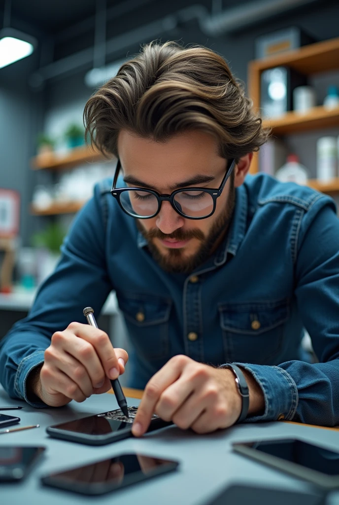 A bespectacled mobile phone technician working with sophisticated equipment, handsome with adequate lighting