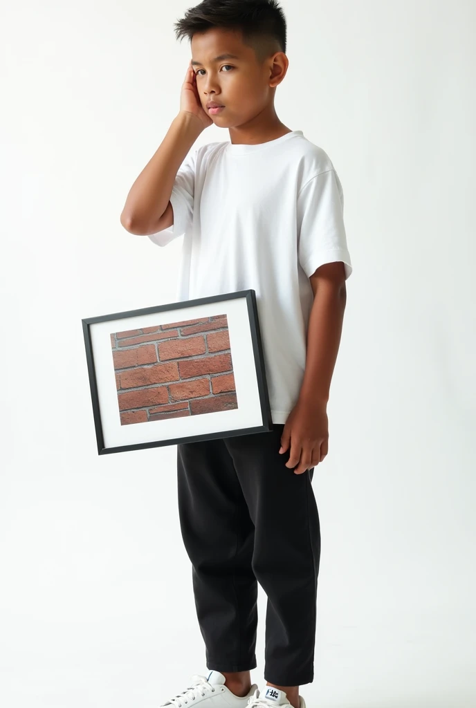 best qualityer:1.4), (ultra high resolution:1.2), (photorrealistic:1.4), (8k, CRU photo:1.2), A 20-year-old man, Scrawny, light brown skin, American short haircut, He has no beard, shirt white short-sleeved, Black pants up to the ankle, White sneakers, eyes browns, He is standing in front of a white background holding a medium-sized picture frame with an image of bricks.. He is standing with his left hand on his forehead with a sad expression.