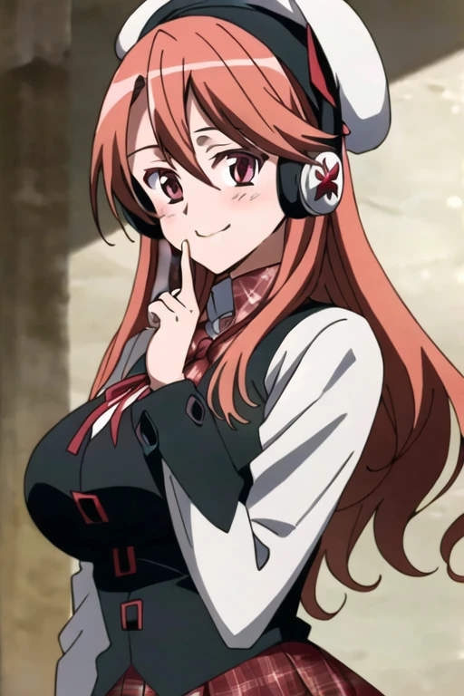 (extremely detailed), (masterpiece), (best quality), (ultra-detailed), (best illustration), (best shadow), (absurdres), (blurry background), Chelsea, 1girl, solo, long hair, headphones, red hair, plaid, smile, red eyes, vest, plaid skirt, (white beret), white hat, looking at viewer, pink eyes, anime coloring, big breasts, (simple background)