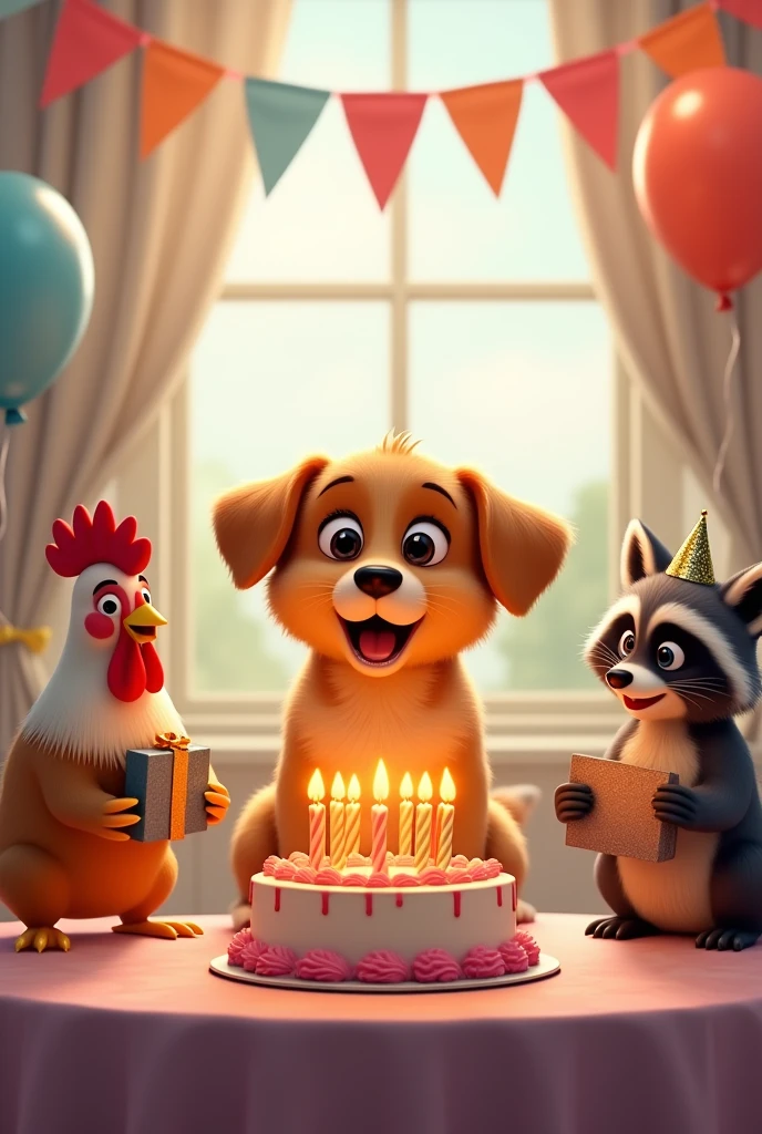 Draw a cartoon picture of a puppy's birthday with guests coming over: A rooster and a raccoon with gifts. A cake is on the table, There are 7 candles on the cake