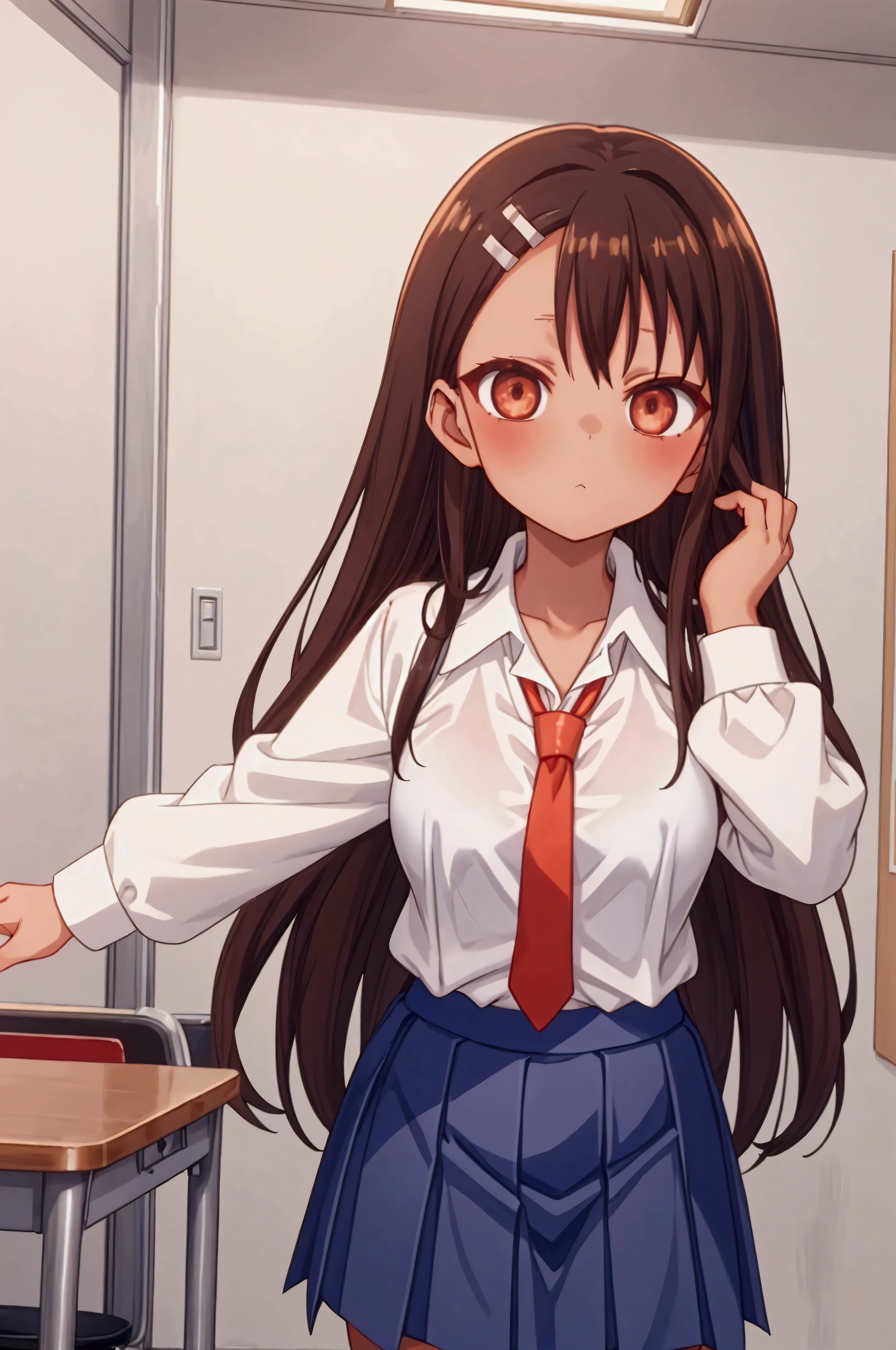 Hayase Nagatoro has tanned skin, long dark brown hair, and amber eyes. She usually wears her school uniform, which consists of a white blouse, a blue skirt, and a red tie.