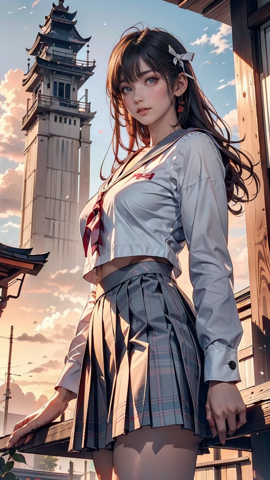 (8k, RAW Photos, Highest quality, masterpiece:1.2)、(Genuine、Realistic:1.37)、1 person、Japanese、Black Hair、Long Hair、(From below:1.4), (a 18years old pretty Japanese girl standing on rooftop of the building、school uniform)、((View your audience))、(White Sailor Suit High 、Ribbon on chest、mini skirt、Pink and gray checked pleated skirt、White panties)、(White panties can be seen from the pleated skirt)、((Sunset sky、cloud))