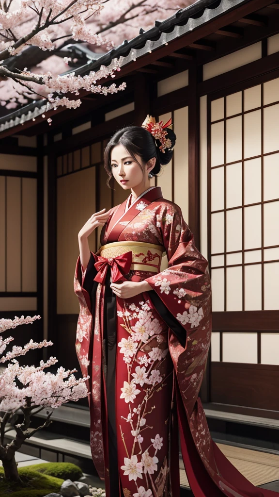 The queen wears a luxurious kimono with intricate patterns of cherry blossoms and cranes, in deep red and gold, with an elegant obi tied in a large bow at the back. She stands in a serene Japanese garden during cherry blossom season.