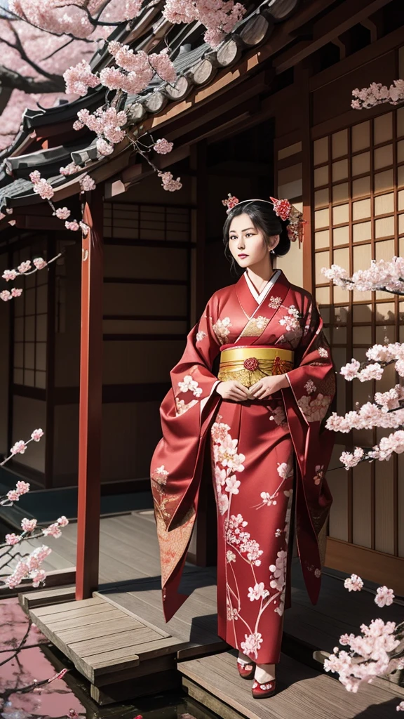 The queen wears a luxurious kimono with intricate patterns of cherry blossoms and cranes, in deep red and gold, with an elegant obi tied in a large bow at the back. She stands in a serene Japanese garden during cherry blossom season.