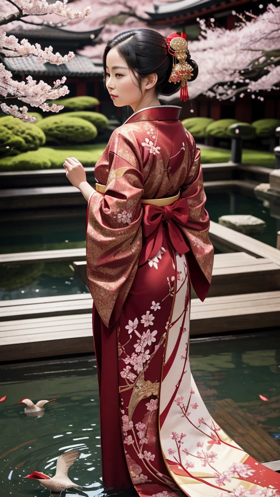 The queen wears a luxurious kimono with intricate patterns of cherry blossoms and cranes, in deep red and gold, with an elegant obi tied in a large bow at the back. She stands in a serene Japanese garden during cherry blossom season.