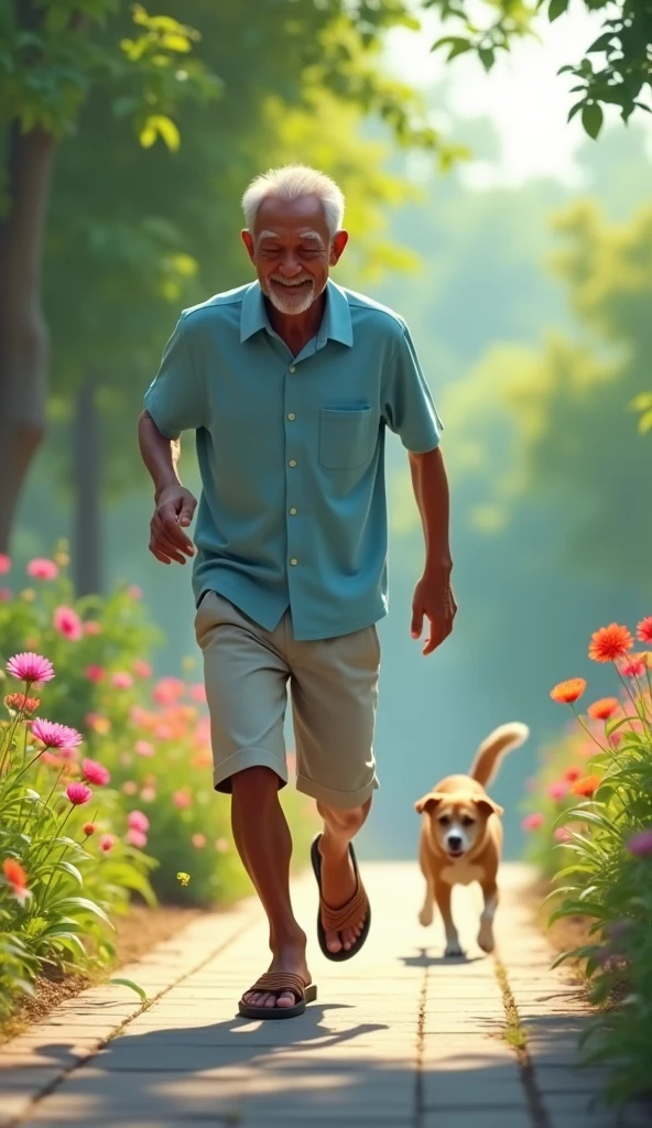 Mr. Tu is an old man over 60 years old., skinny, dark skin, short neat silver hair .He wore a light blue short-sleeved shirt., light gray khaki pants, brown rubber sandals. The Shoe Lost In A Hurry, Mr. Tu dropped a shoe and had to go back to look for it while the dog was still chasing him.. 3D image 