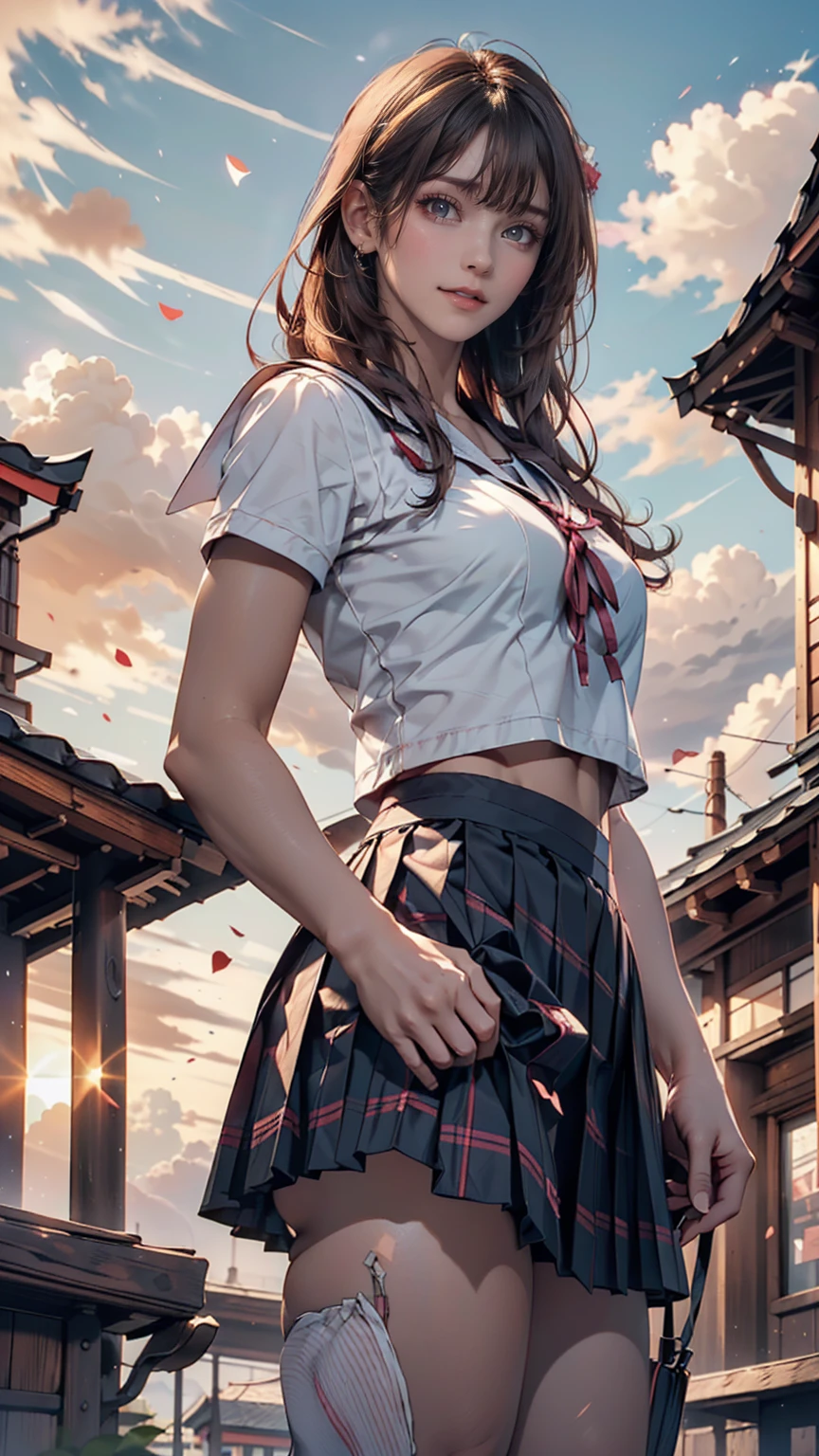 (8k, RAW Photos, Highest quality, masterpiece:1.2)、(Genuine、Realistic:1.37)、1 person、Japanese、Black Hair、Long Hair、(From below:1.4), (a 18years old pretty Japanese girl standing on rooftop of the building、school uniform)、((View your audience))、(White Sailor Suit High 、Ribbon on chest、mini skirt、Pink and gray checked pleated skirt、White panties)、(White panties can be seen from the pleated skirt)、((Sunset sky、cloud))